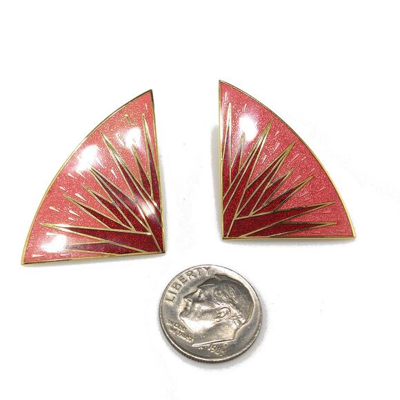 Vintage Isle of Skye Red Rose Fan Clip Earrings, Gold Plated Enamel - Picture 7 of 10